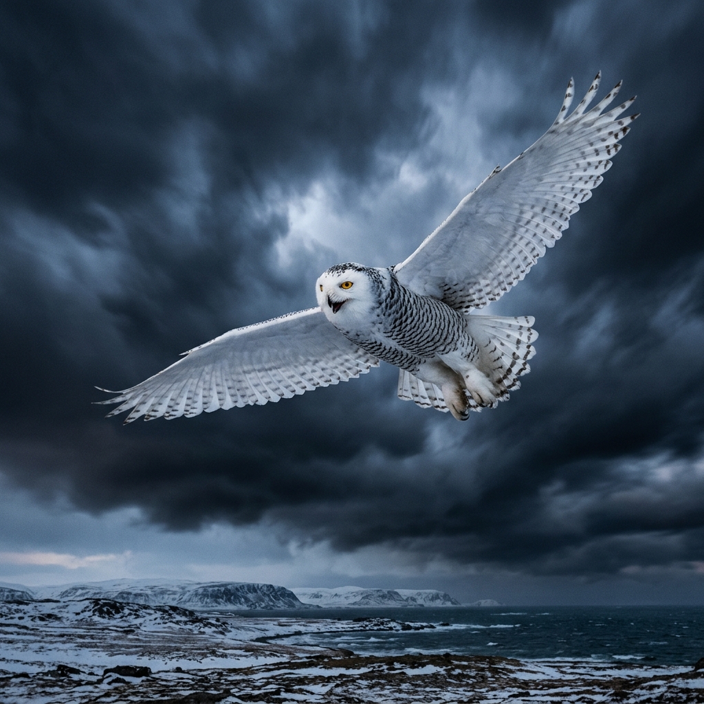 Snowy owl in flight